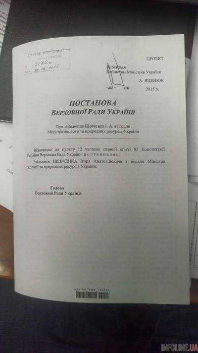 Нардепы получили проект постановления об увольнении И.Шевченко с должности министра экологии